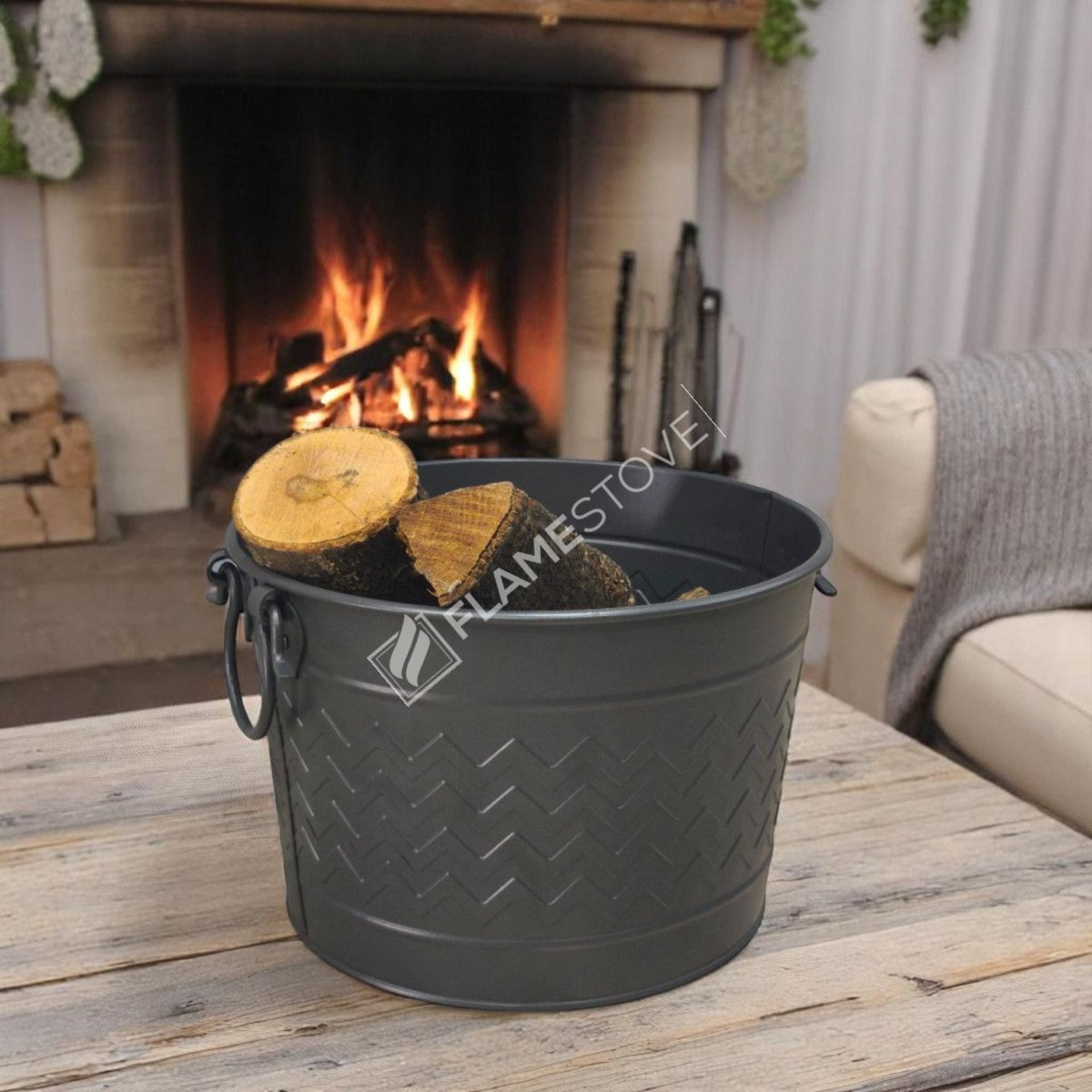 Round wood bucket with handle swings | apartment fireplaces and Bucket | 35x28x26 cm | durable and stylish