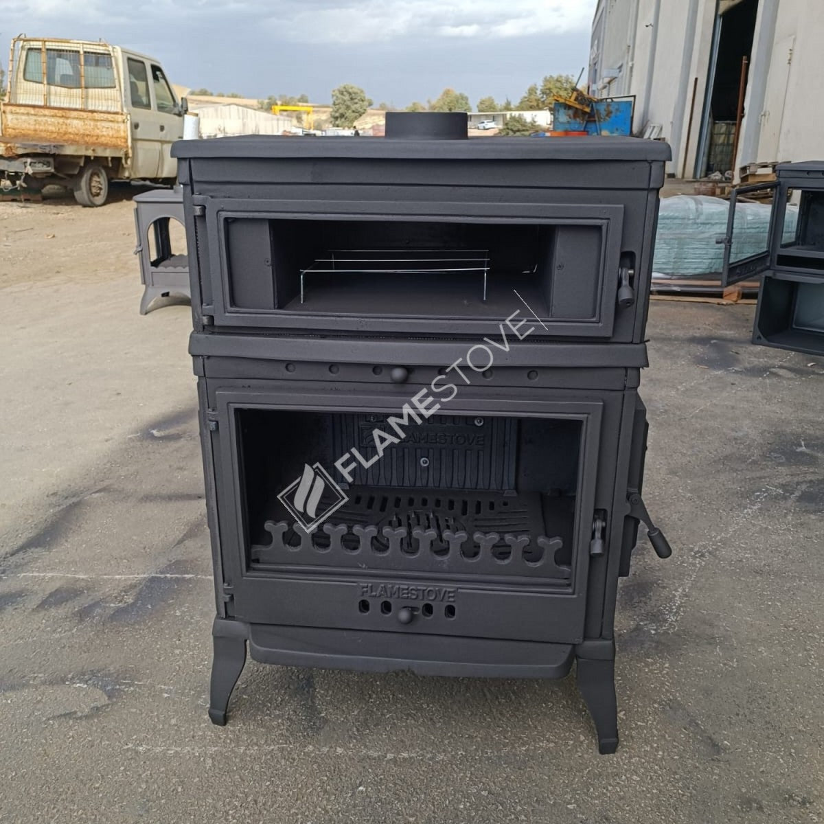 With upright stove stove, retro cast | high efficiency wood & Coal Stove, Schott Robax Glass, oven thermostat, 13 kW