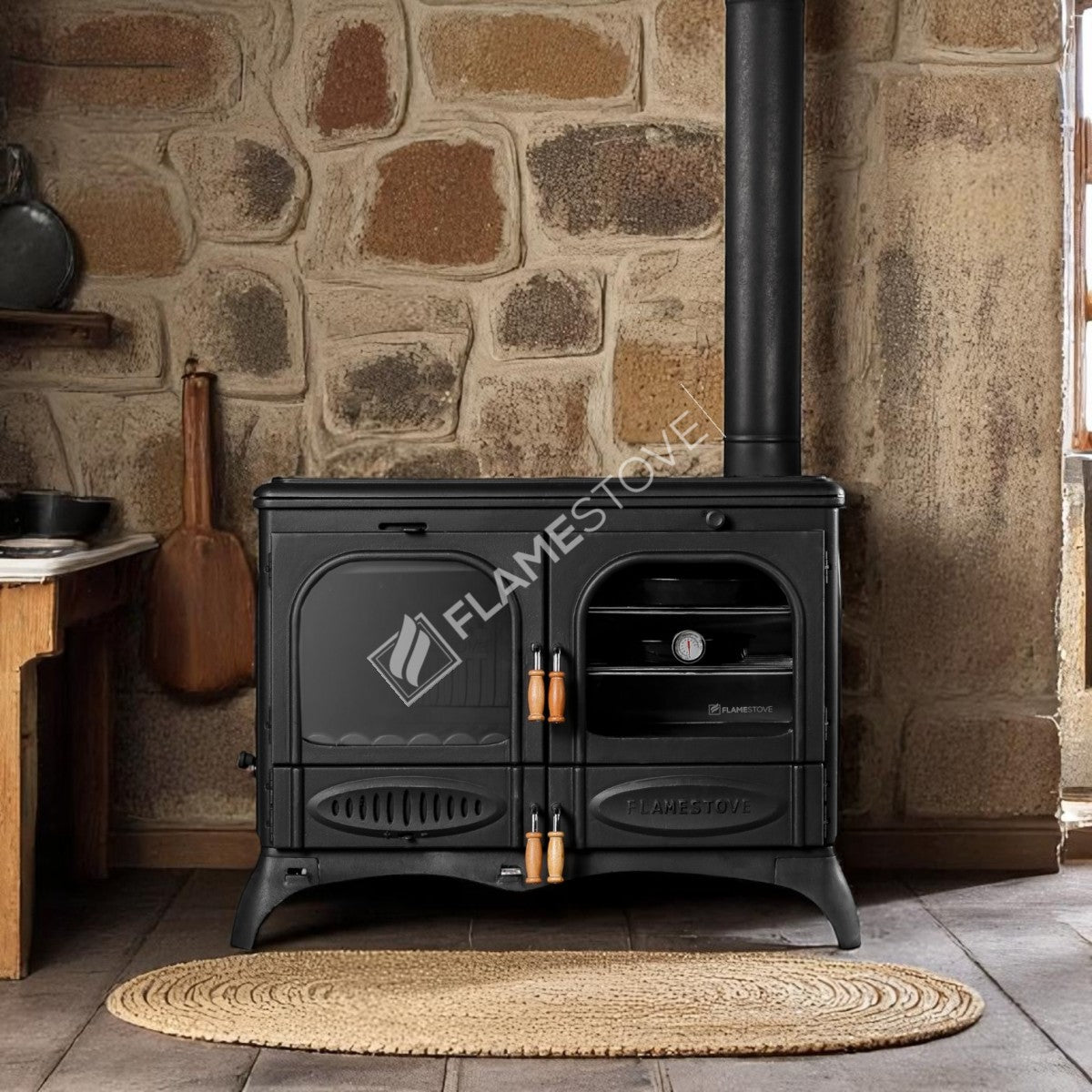 Palm Horizontal 3-Storey Kuzineli Casting Stove | High-Efficiency Dual-Combustion Wood & Coal Stove, Schott Robax Glass