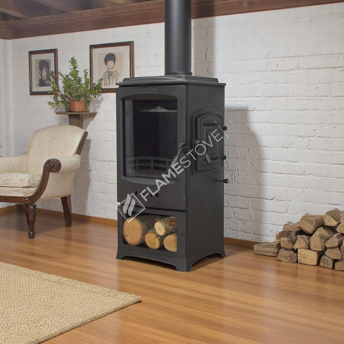 Lodi Flame Stove Side-Loading Odunluklu Fireplace Stove | High Efficiency Wood & Coal Stove, Double Combustion, Class A, Schott Robax Glass