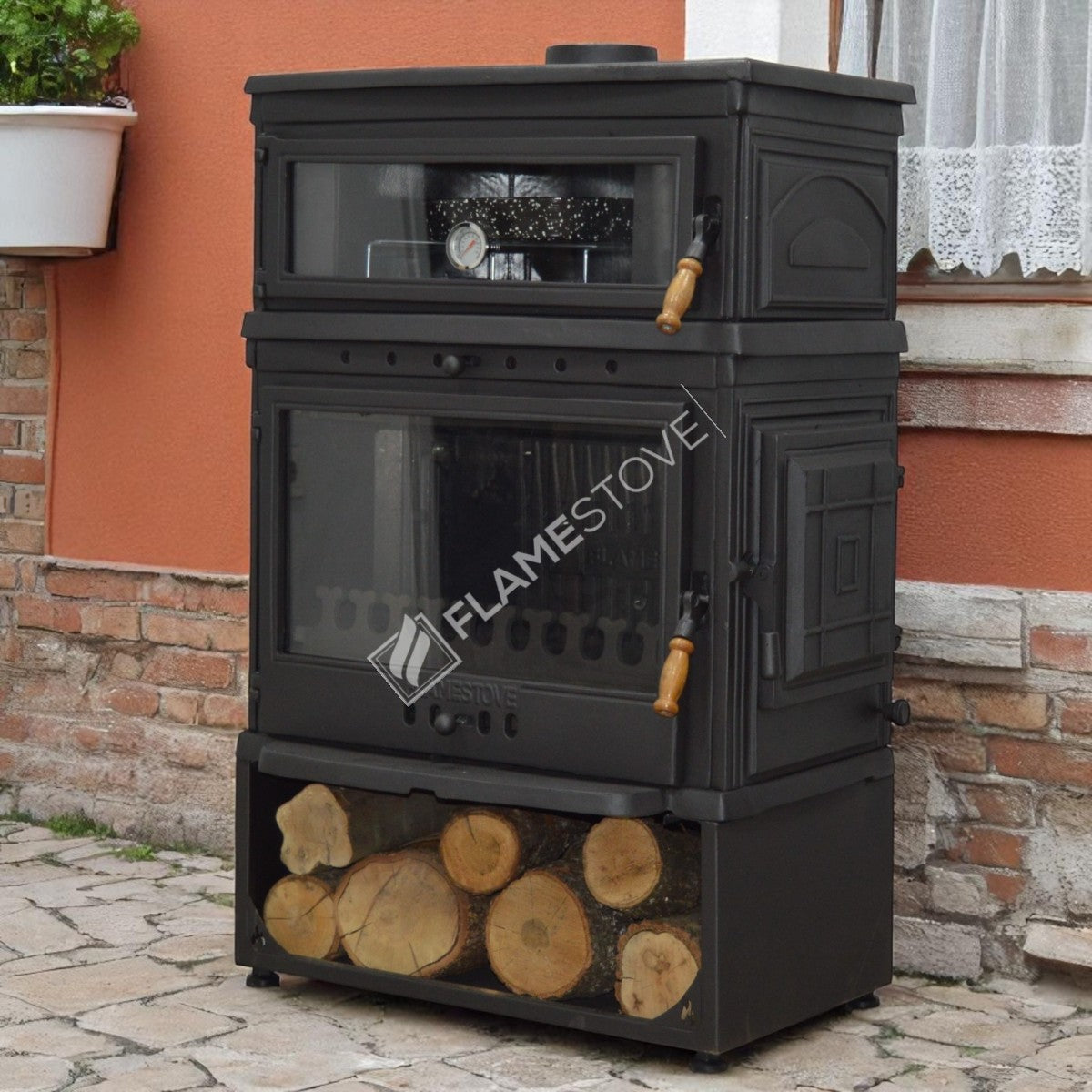 Retro stove wood stove with a reservoir with upright side cover casting | Double-Fired, Schott Robax Glass, oven thermostat, 13 kW