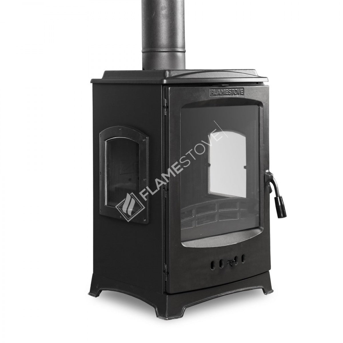 Three Glazed side loading Lodi Flame Stove Fireplace, Stove | high efficiency wood & coal stove, double Combustion, Class A, Schott Robax Glass, 5 kW