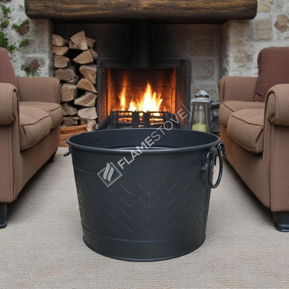 Round wood bucket with handle swings | apartment fireplaces and Bucket | 35x28x26 cm | durable and stylish