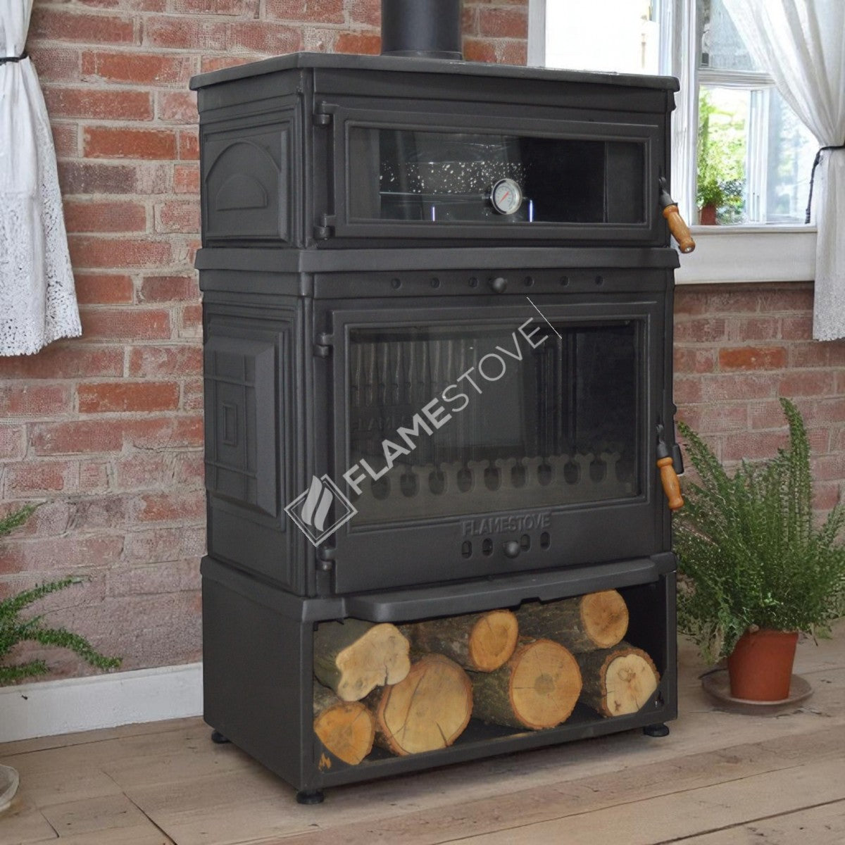 Retro stove wood stove with a reservoir with upright side cover casting | Double-Fired, Schott Robax Glass, oven thermostat, 13 kW