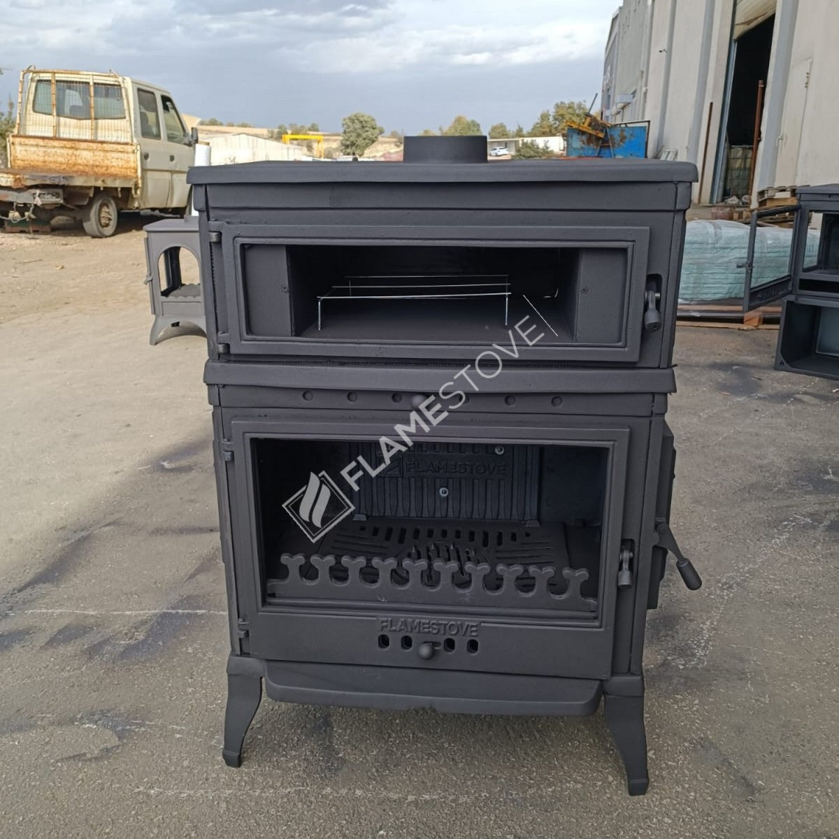 With upright stove stove, retro cast | high efficiency wood &amp; Coal Stove, Schott Robax Glass, oven thermostat, 13 kW