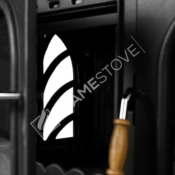 Horizontal palm Side Kuzineli 3-storey glass Stove Casting | high-efficiency Dual-Combustion Wood &amp; coal stove, Schott Robax Glass, 15 kW + 2 Enamel Tray