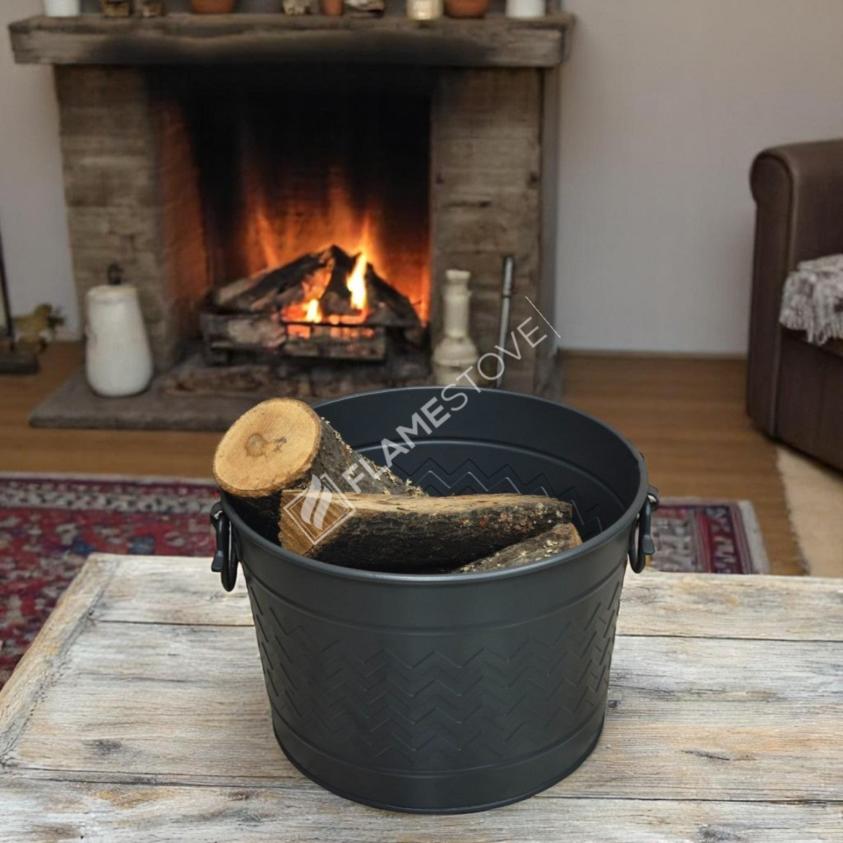 Round wood bucket with handle swings | apartment fireplaces and Bucket | 35x28x26 cm | durable and stylish