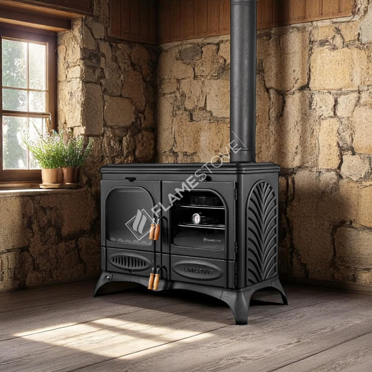Palm Horizontal 3-Storey Kuzineli Casting Stove | High-Efficiency Dual-Combustion Wood & Coal Stove, Schott Robax Glass