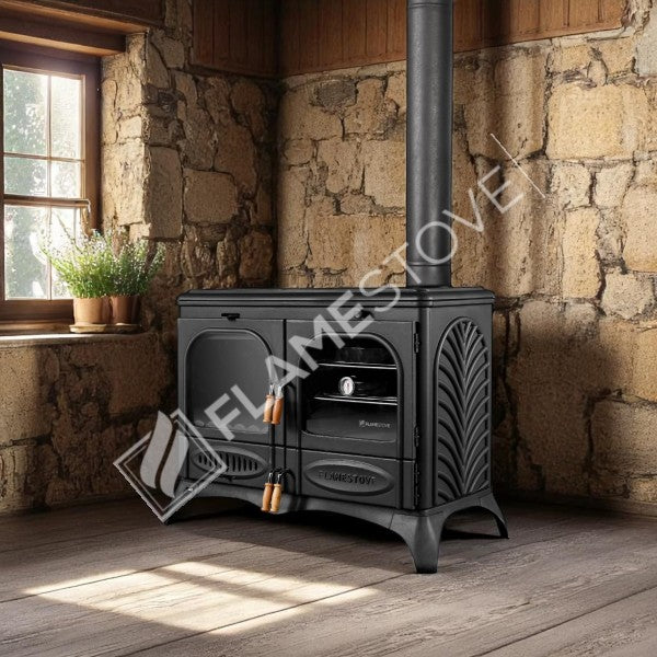 Palm Horizontal 3-Storey Kuzineli Casting Stove | High-Efficiency Dual-Combustion Wood & Coal Stove, Schott Robax Glass