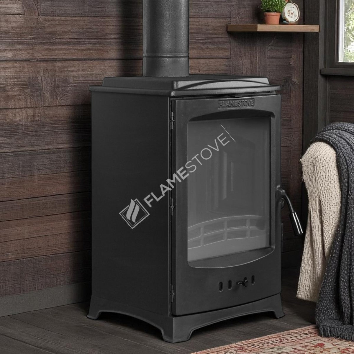 Side loading Lodi Flame Stove Fireplace, Stove | high efficiency wood & coal stove, double Combustion, Class A, Schott Robax Glass, 5 kW