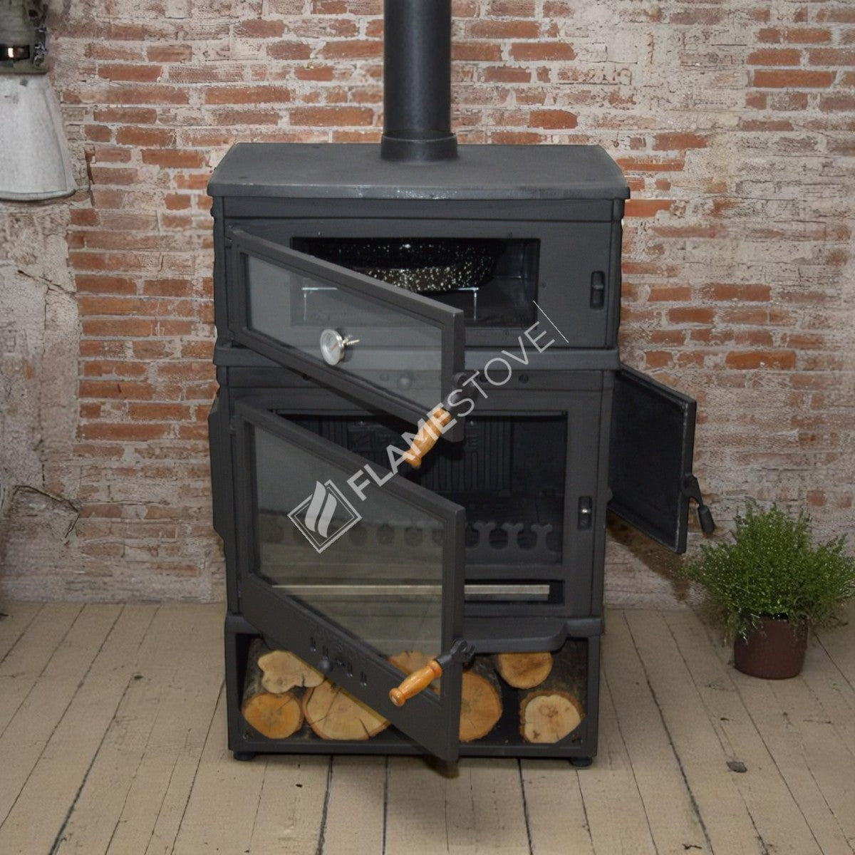 Retro stove wood stove with a reservoir with upright side cover casting | Double-Fired, Schott Robax Glass, oven thermostat, 13 kW