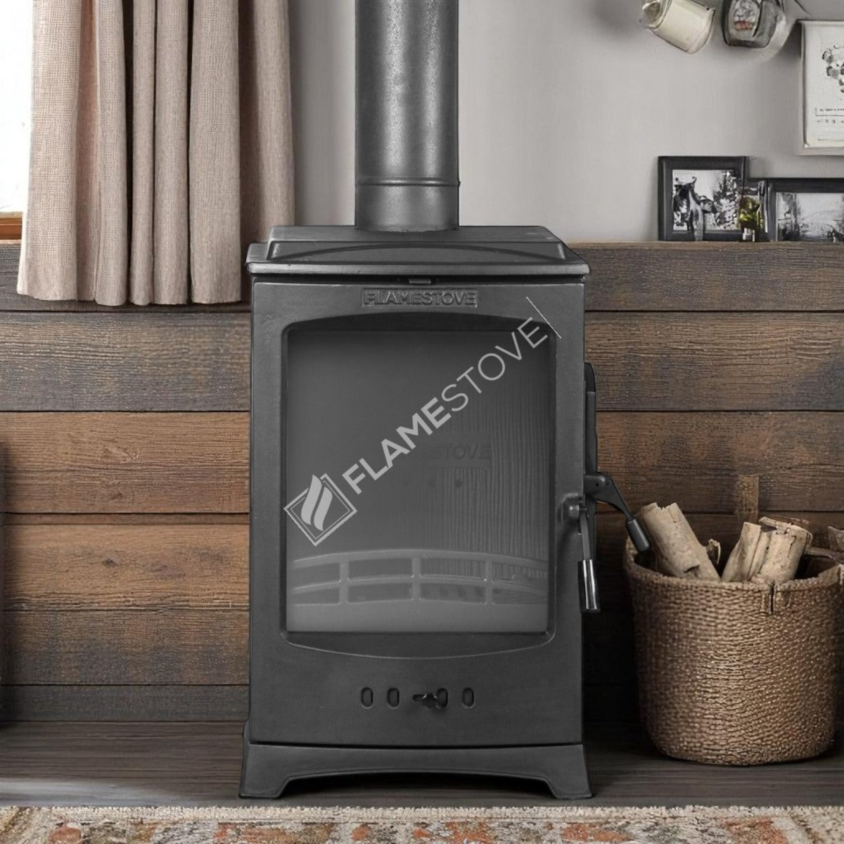 Side loading Lodi Flame Stove Fireplace, Stove | high efficiency wood & coal stove, double Combustion, Class A, Schott Robax Glass, 5 kW