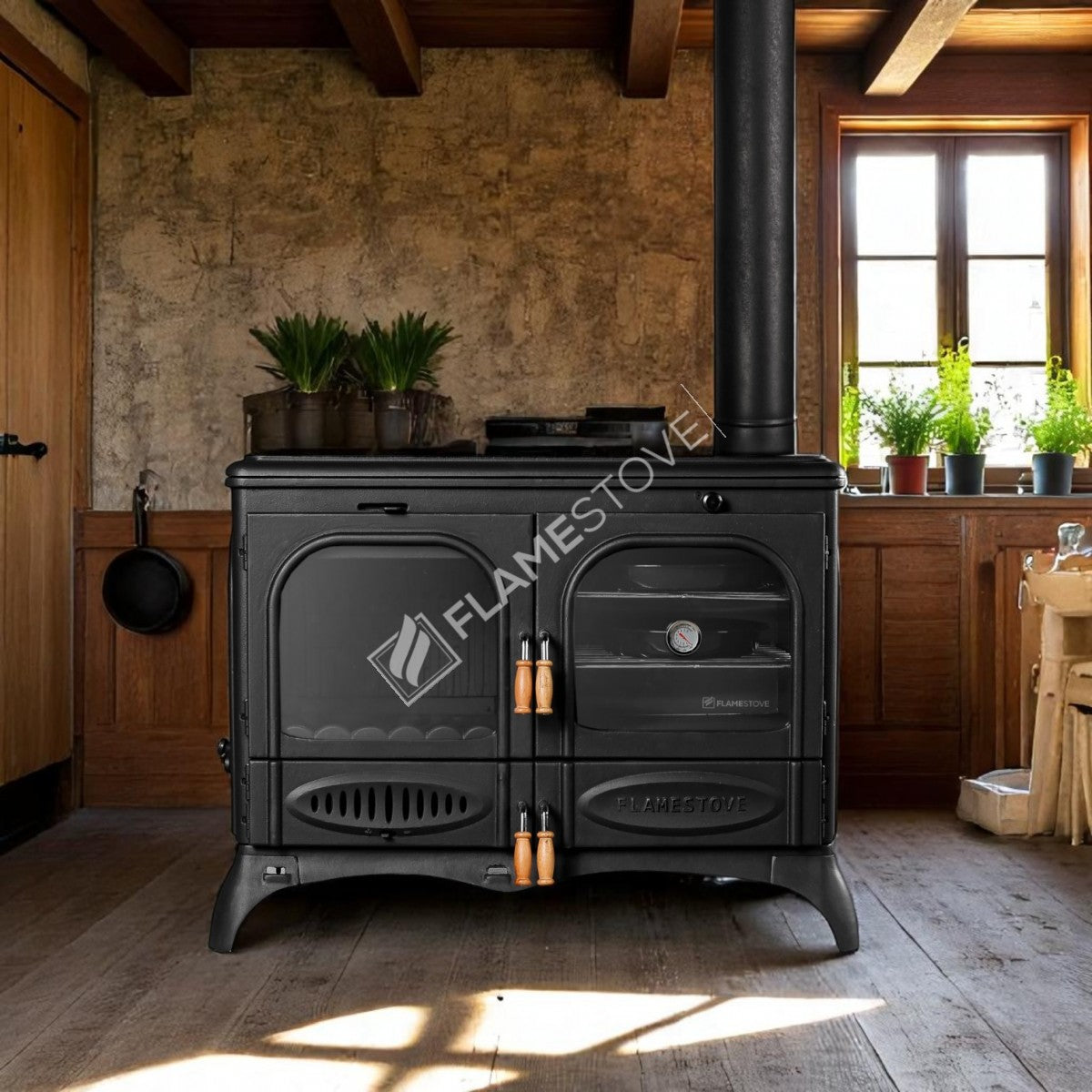 Horizontal palm Side Kuzineli 3-storey glass Stove Casting | high-efficiency Dual-Combustion Wood & coal stove, Schott Robax Glass, 15 kW + 2 Enamel Tray