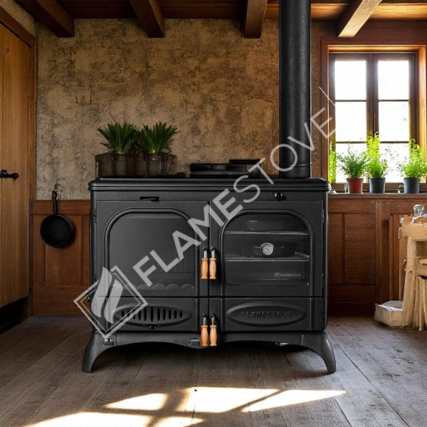 Horizontal palm Side Kuzineli 3-storey glass Stove Casting | high-efficiency Dual-Combustion Wood &amp; coal stove, Schott Robax Glass, 15 kW + 2 Enamel Tray