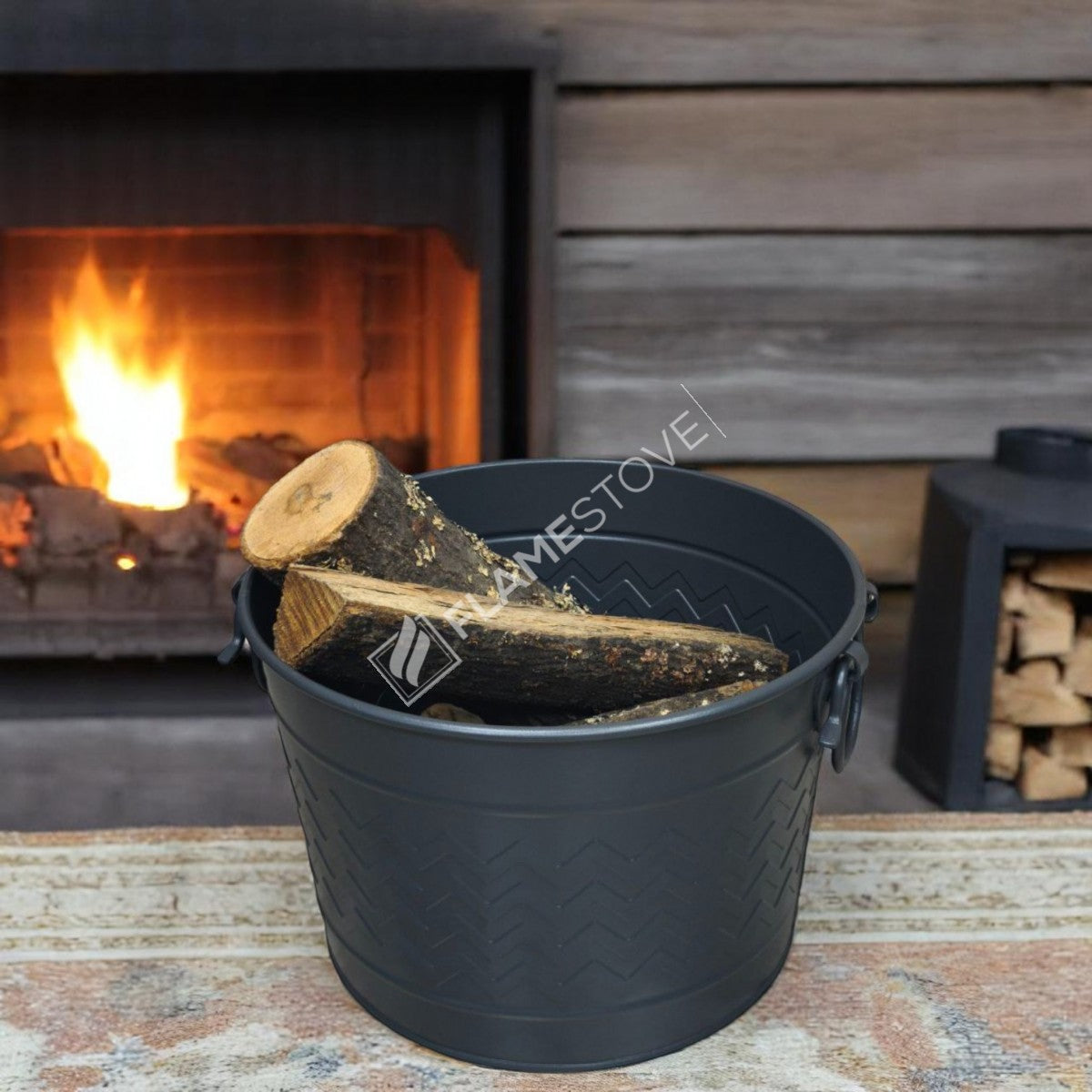 Round wood bucket with handle swings | apartment fireplaces and Bucket | 35x28x26 cm | durable and stylish