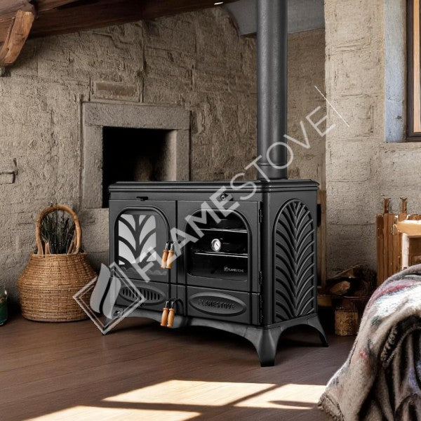 Horizontal palm Side Kuzineli 3-storey glass Stove Casting | high-efficiency Dual-Combustion Wood &amp; coal stove, Schott Robax Glass, 15 kW + 2 Enamel Tray