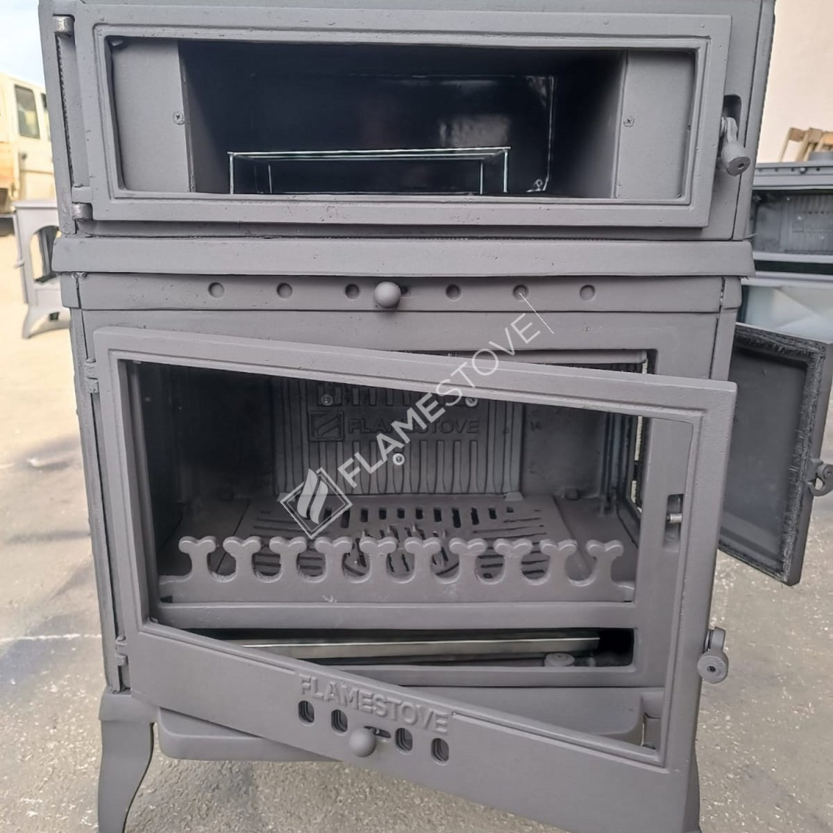 With upright stove stove, retro cast | high efficiency wood &amp; Coal Stove, Schott Robax Glass, oven thermostat, 13 kW