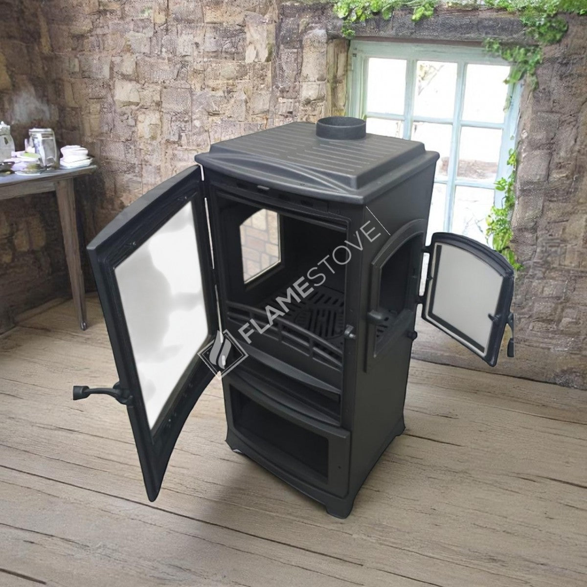 Lodi Stove Fireplace Stove Flame Odunluklu glazed side-to-side Loading | high efficiency Wood & coal stove, double Combustion, Class A, Schott Robax Glass, 5 kW
