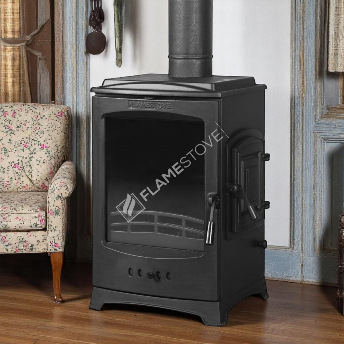 Side loading Lodi Flame Stove Fireplace, Stove | high efficiency wood & coal stove, double Combustion, Class A, Schott Robax Glass, 5 kW