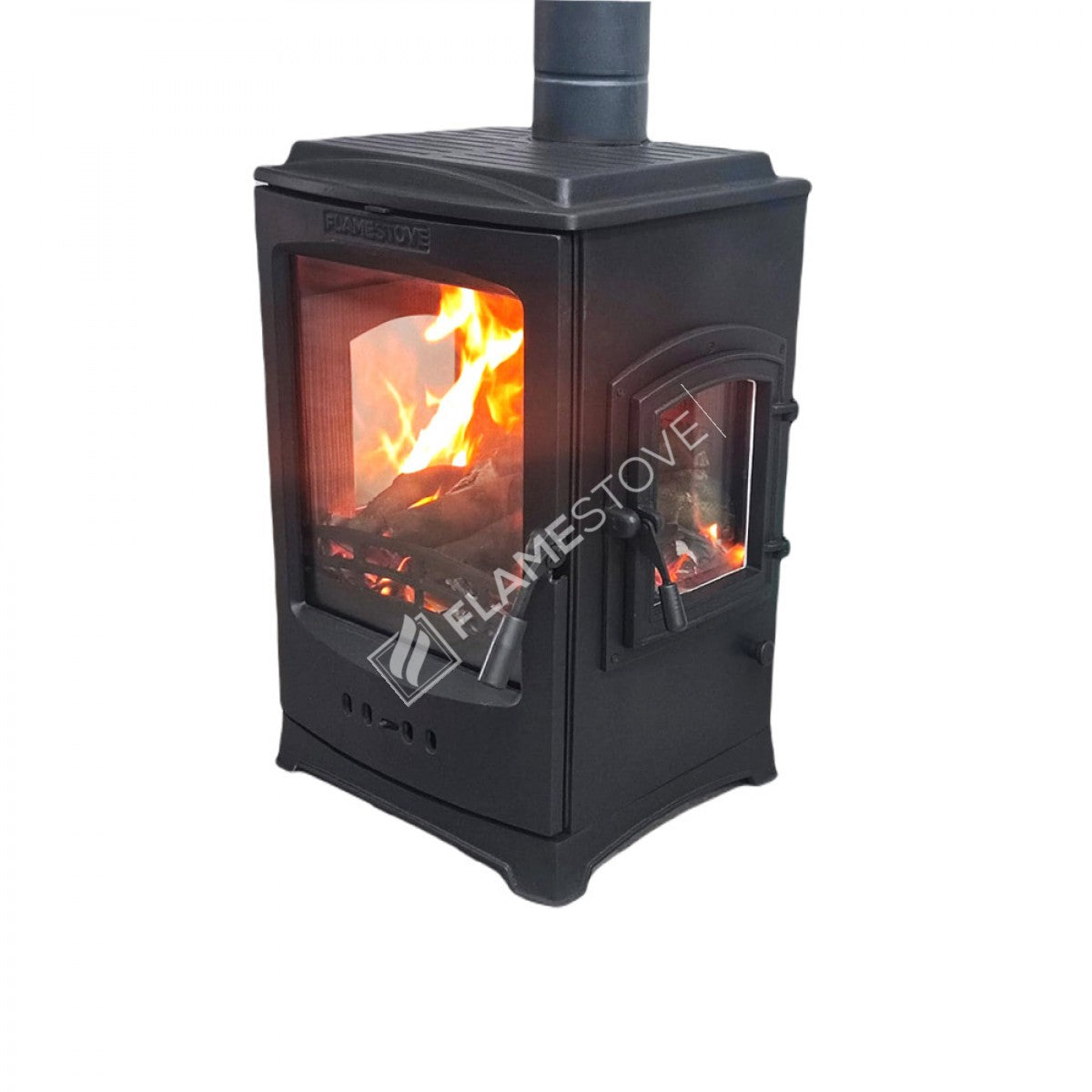 Three Glazed side loading Lodi Flame Stove Fireplace, Stove | high efficiency wood & coal stove, double Combustion, Class A, Schott Robax Glass, 5 kW