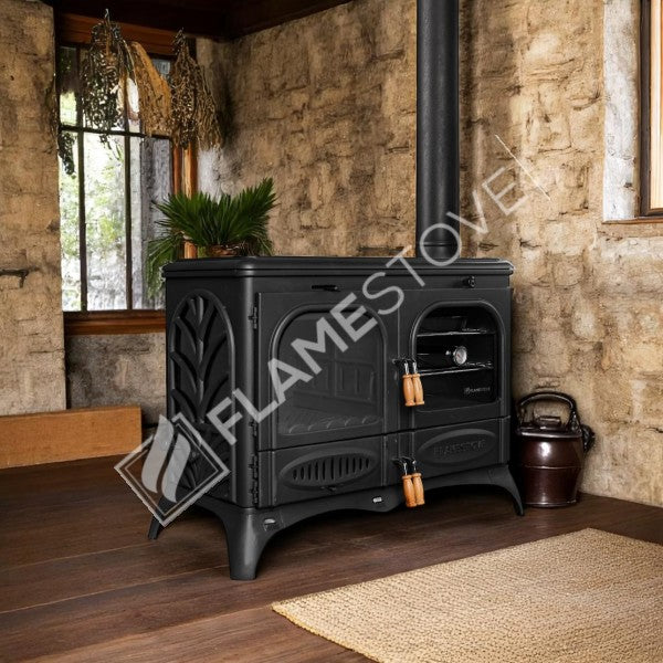 Horizontal palm Side Kuzineli 3-storey glass Stove Casting | high-efficiency Dual-Combustion Wood & coal stove, Schott Robax Glass, 15 kW + 2 Enamel Tray