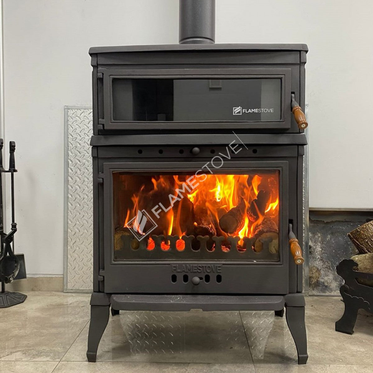 Retro Classic Upright Stove With Stove Cast | High Efficiency Wood &amp; Coal Stove, Schott Robax Glass, Oven Thermostat,