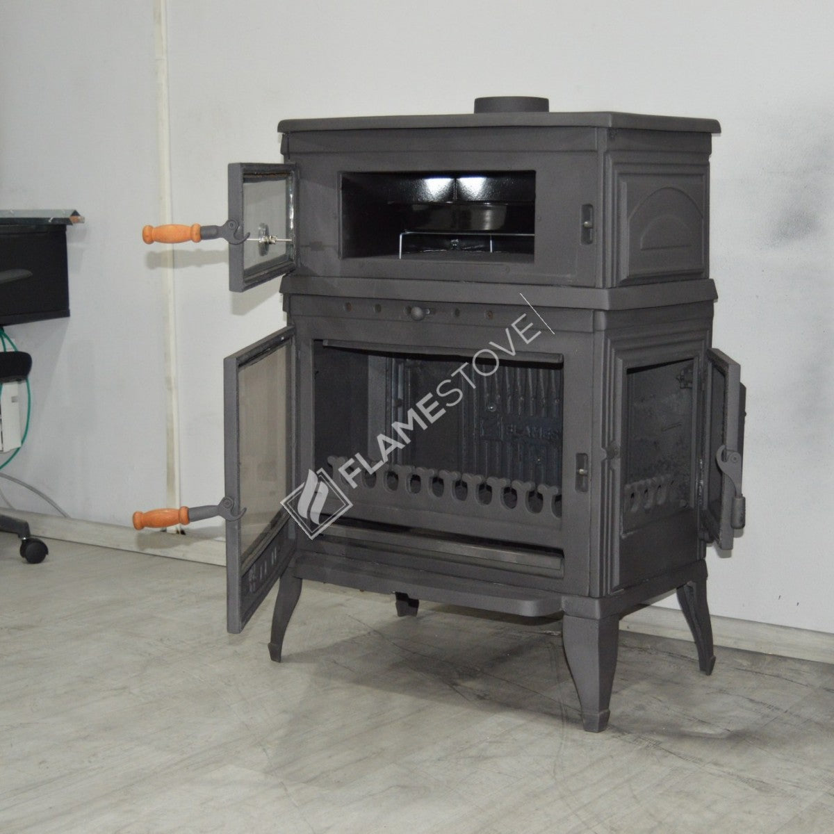 With upright stove stove, retro cast | high efficiency wood & Coal Stove, Schott Robax Glass, oven thermostat, 13 kW