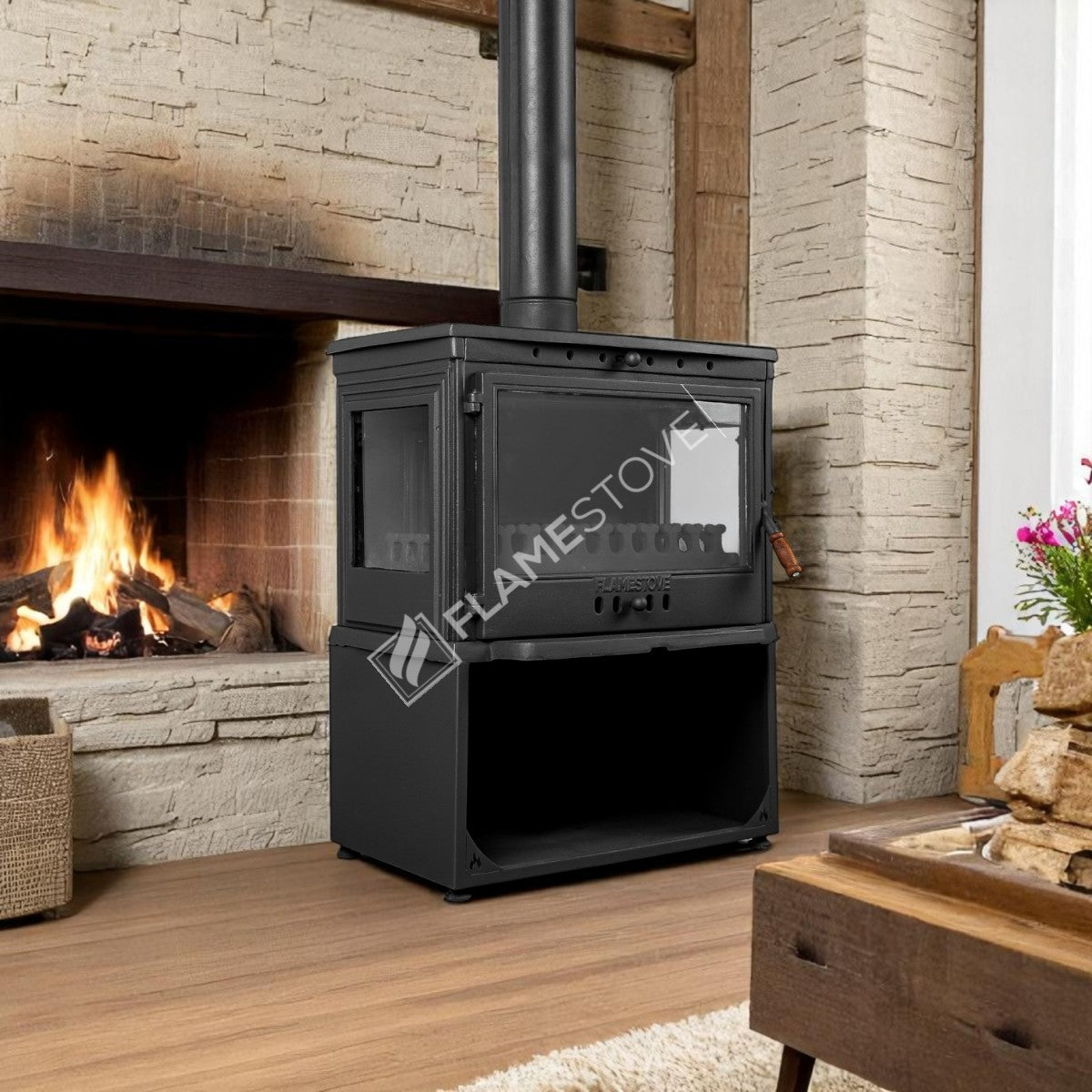 3 TBSP Lux casting glass Stove Retro style side Odunluklu Clamshell | high efficiency Wood &amp; coal stove, Schott Robax Glass, 10 kW