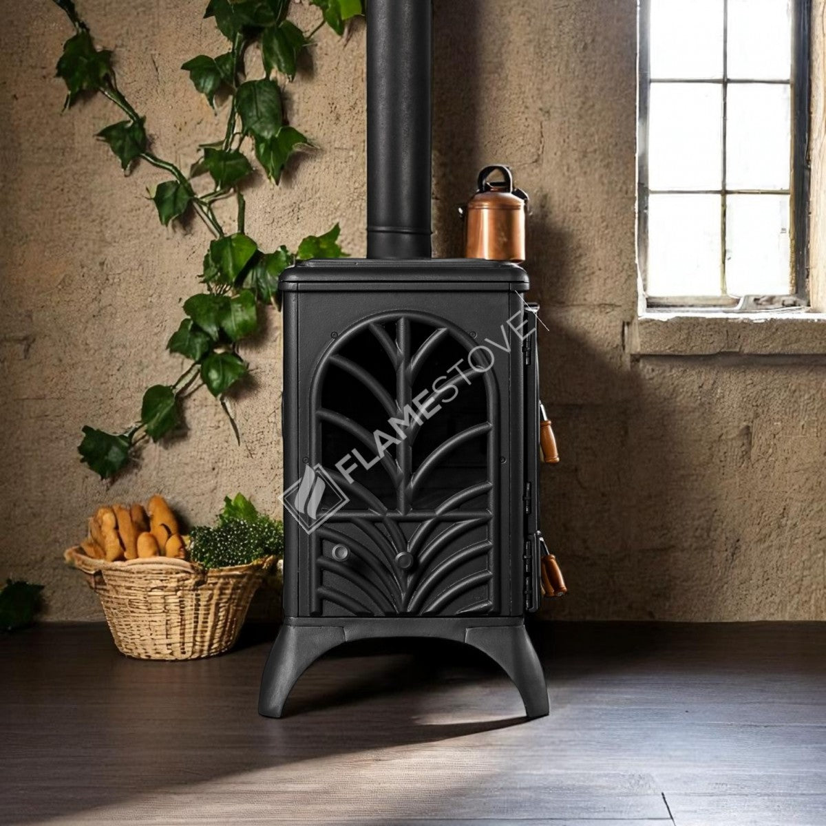 Horizontal palm Side Kuzineli 3-storey glass Stove Casting | high-efficiency Dual-Combustion Wood & coal stove, Schott Robax Glass, 15 kW + 2 Enamel Tray