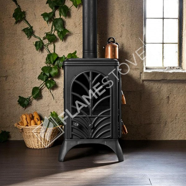 Horizontal palm Side Kuzineli 3-storey glass Stove Casting | high-efficiency Dual-Combustion Wood & coal stove, Schott Robax Glass, 15 kW + 2 Enamel Tray