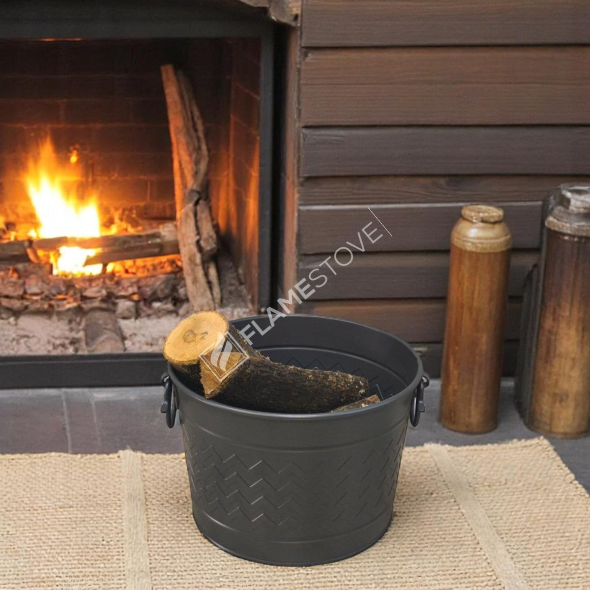 Round wood bucket with handle swings | apartment fireplaces and Bucket | 35x28x26 cm | durable and stylish