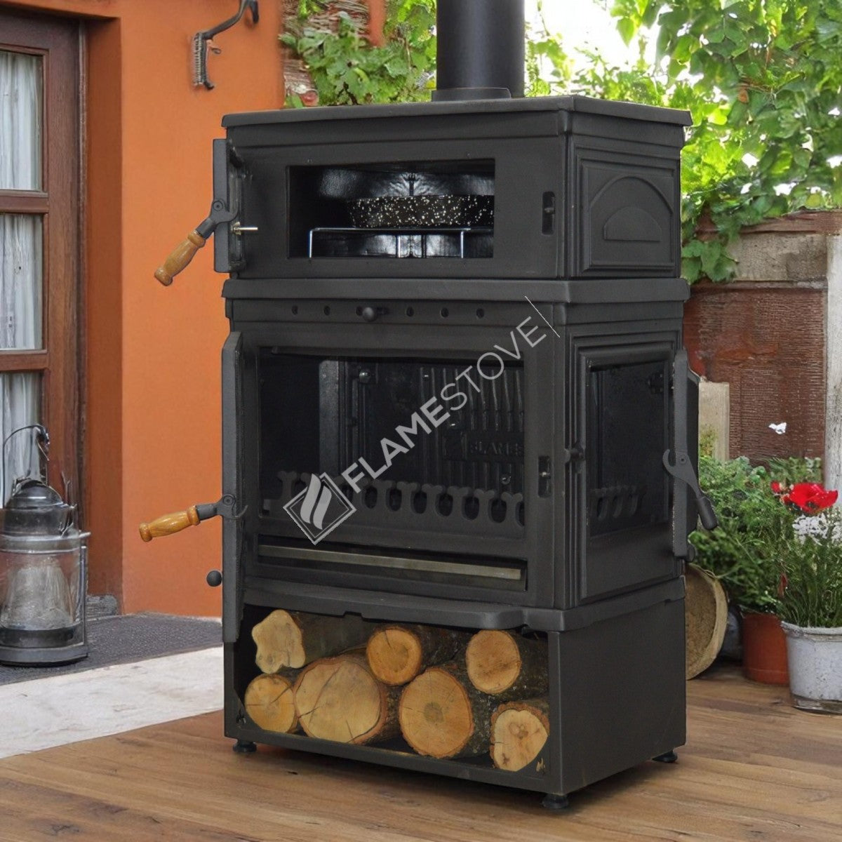 Retro stove wood stove with a reservoir with upright side cover casting | Double-Fired, Schott Robax Glass, oven thermostat, 13 kW