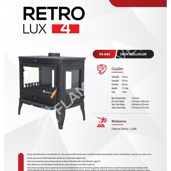 4 Retro triple-glazed Casting Then Stove | high efficiency wood & Coal Stove, Schott Robax Glass, rear air Balance System, 9 kW
