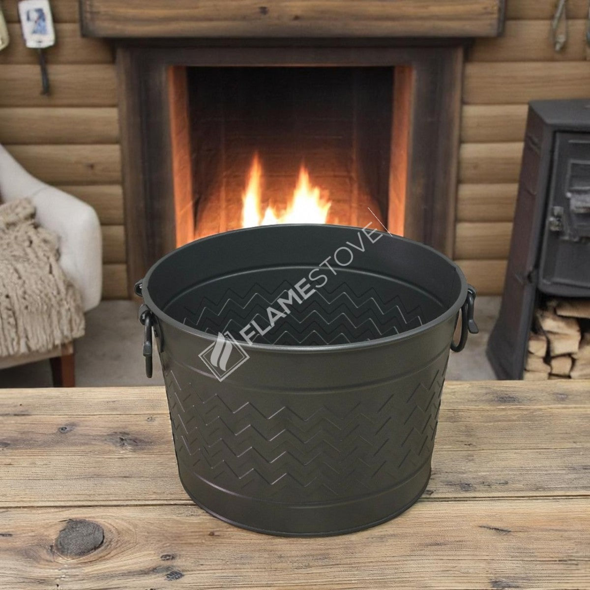 Round wood bucket with handle swings | apartment fireplaces and Bucket | 35x28x26 cm | durable and stylish