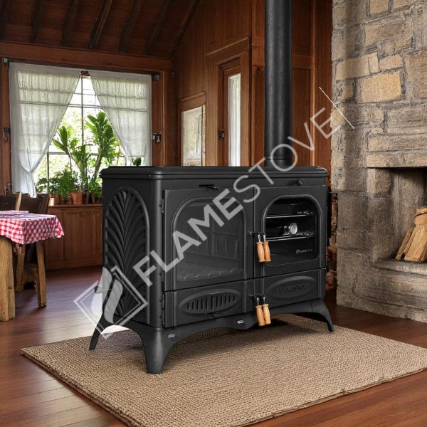 Palm Horizontal 3-Storey Kuzineli Casting Stove | High-Efficiency Dual-Combustion Wood & Coal Stove, Schott Robax Glass