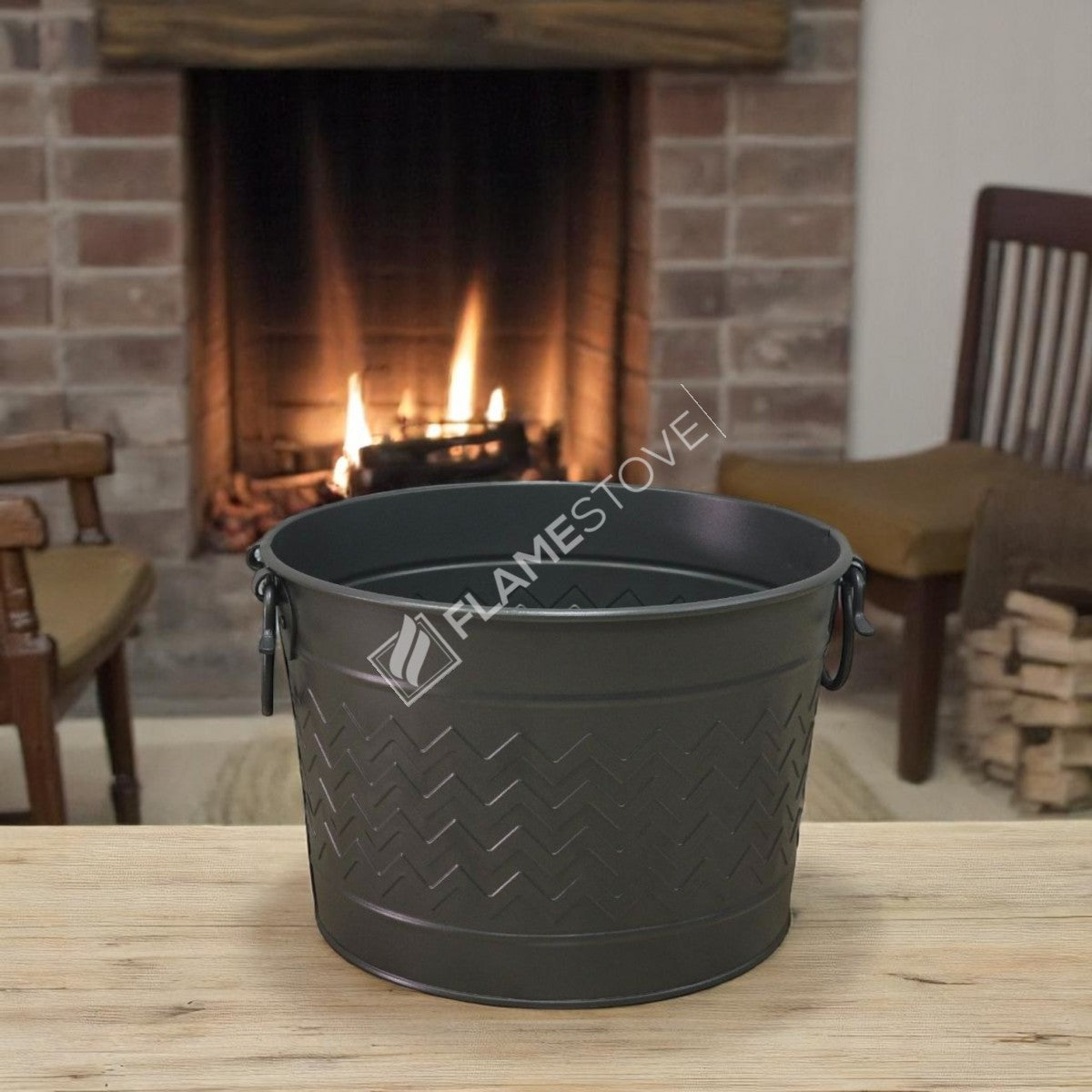 Round wood bucket with handle swings | apartment fireplaces and Bucket | 35x28x26 cm | durable and stylish